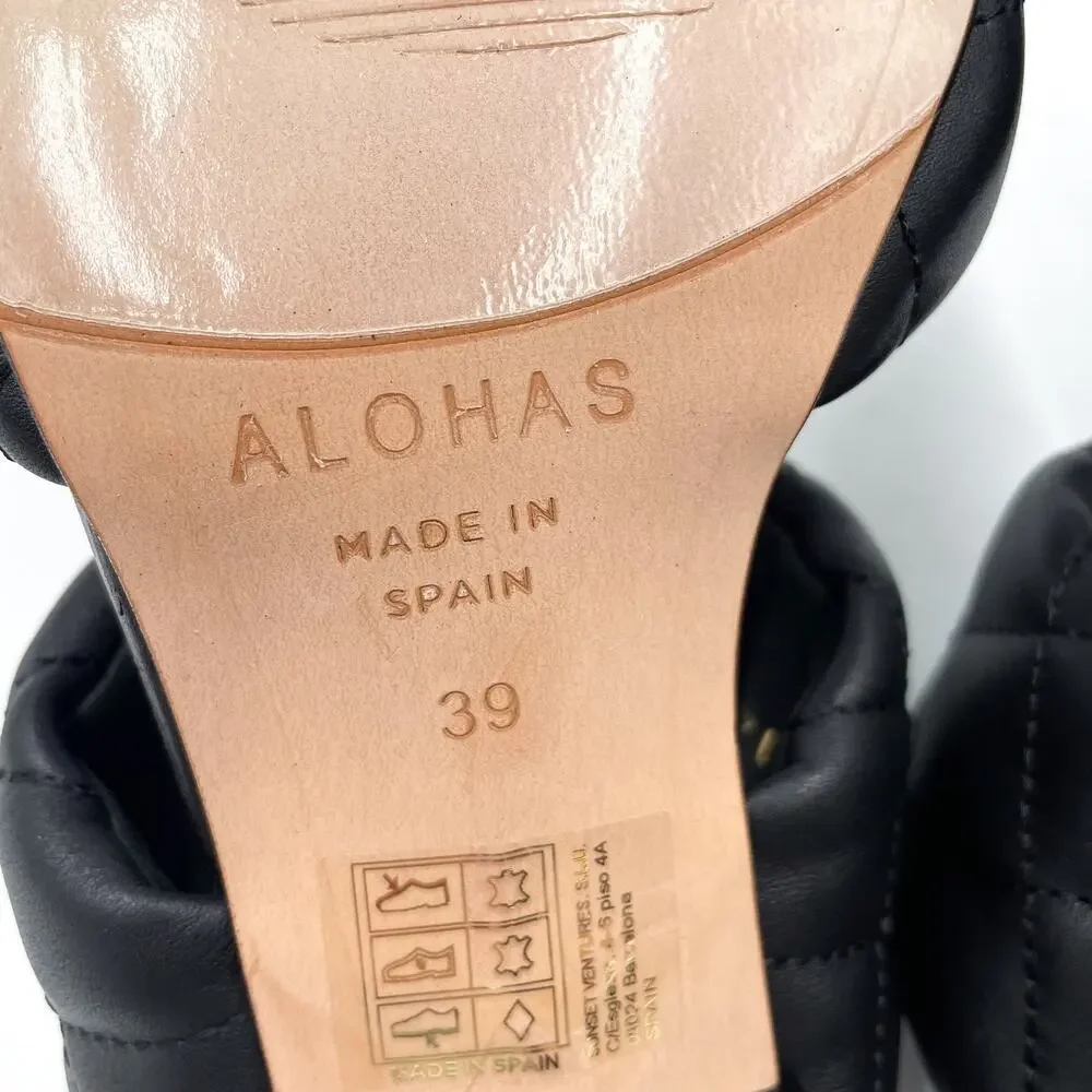 Alohas Conner Sandals Black Leather Quilted Heels‎ Square Toe Sz 8.5